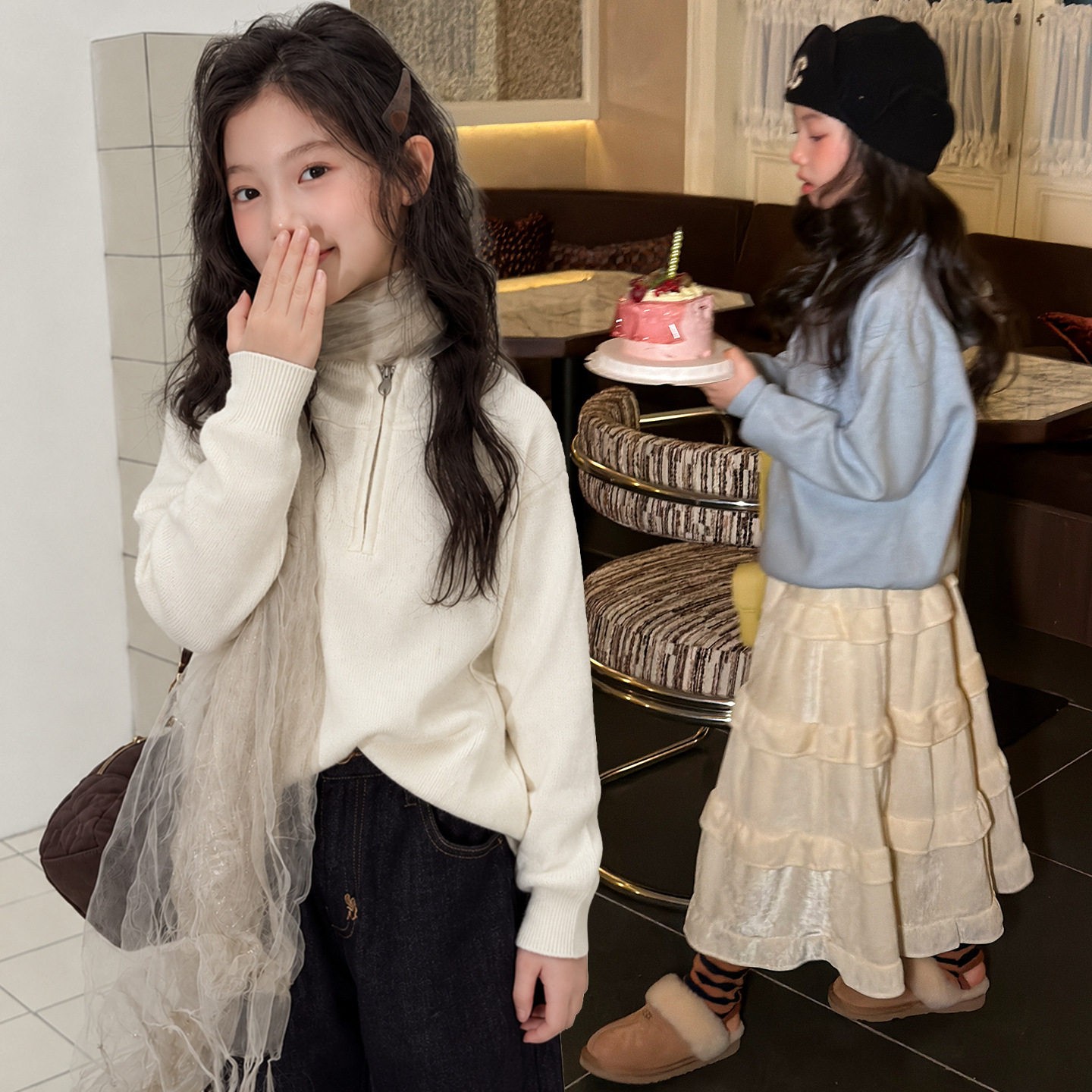 波拉童装韩系女童半拉链连帽毛衣秋冬装女孩宽松外穿针织衫上衣潮