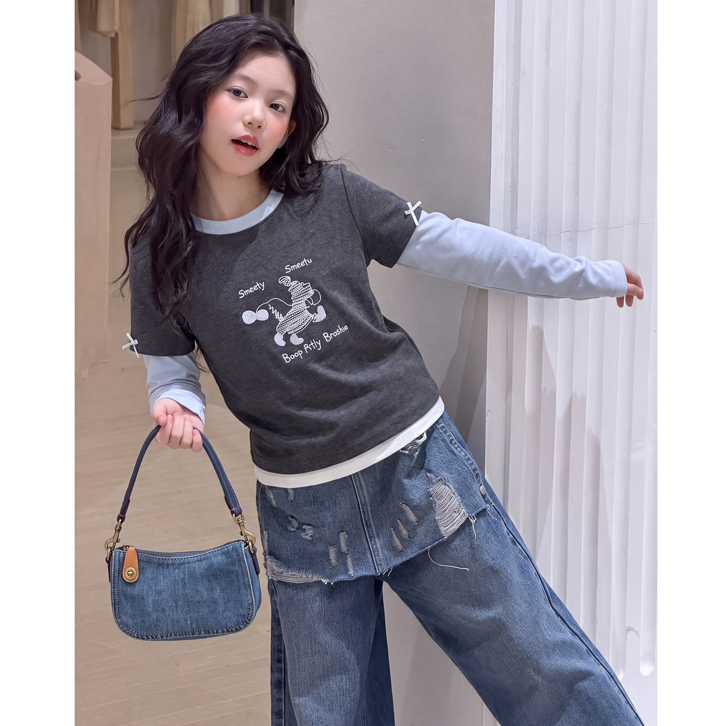 波拉童装韩国女童卡通假两件T恤屁帘牛仔阔腿裤两件套秋季套装潮