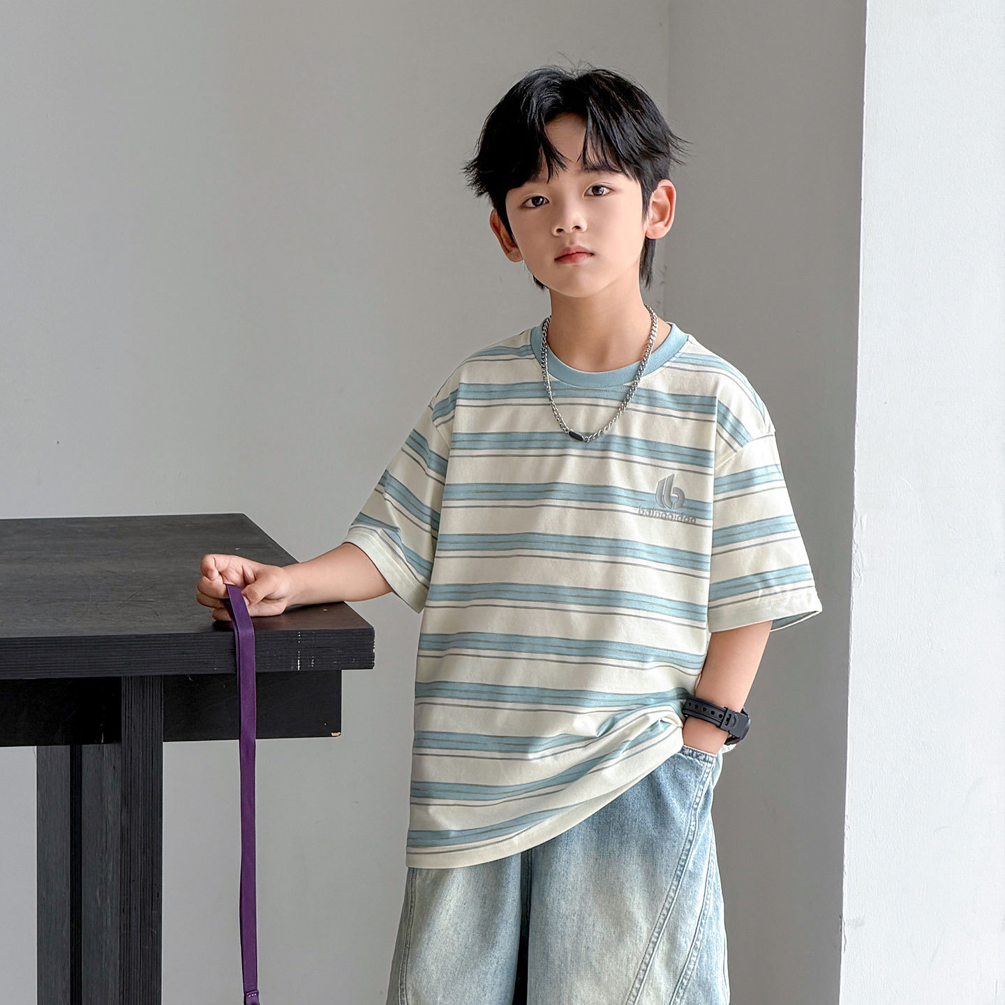 波拉童装男童夏季短袖条纹T恤2026夏装中大儿童男孩夏装薄款上衣图片