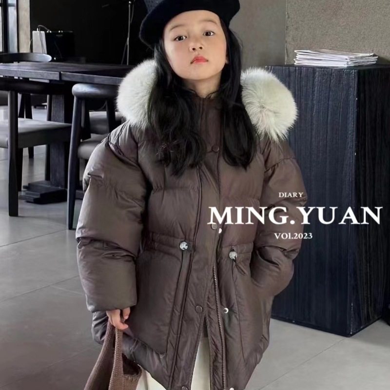 波拉童装新款儿童大毛领羽绒服2025韩国女童收腰中长款连帽加厚真