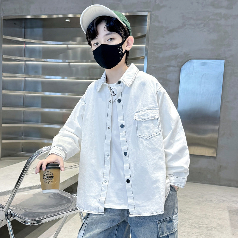 波拉童装男童春秋款衬衫纯色外套2025中大童秋季休闲少年感白衬衣