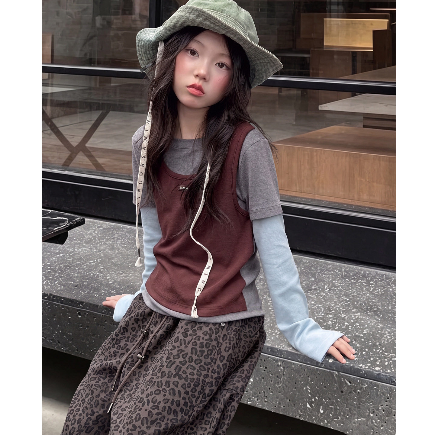 波拉童装女童韩系假两件T恤套装秋装2026秋装女大童超好看豹纹休