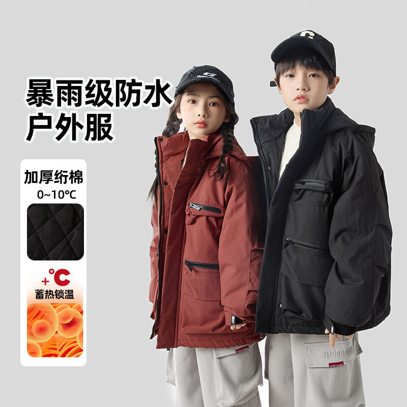 波拉童装2026新品男童女童冬季绗棉工装外套三防儿童保暖棉服棉衣