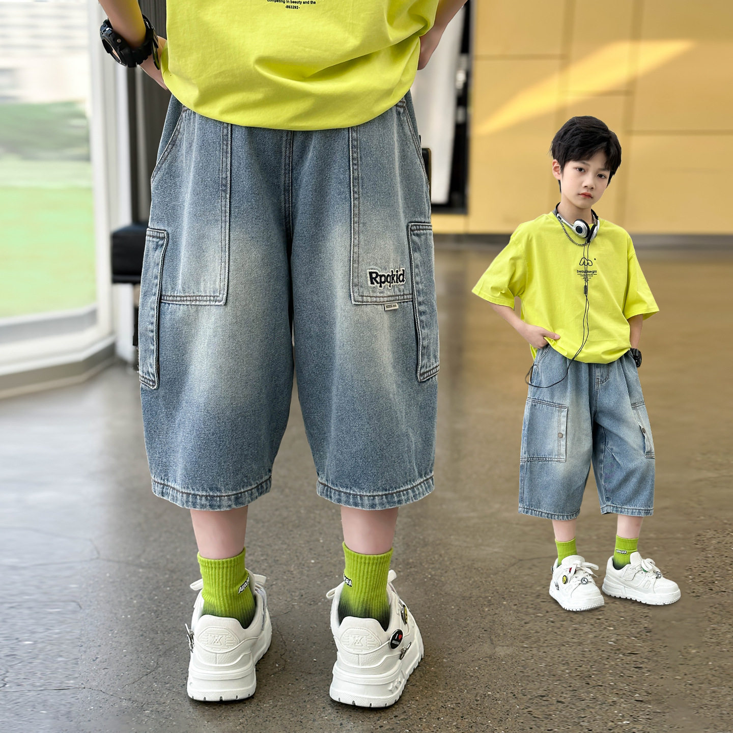 2026夏装波拉童装男童女童大口袋字母牛仔短款中大童七分裤休闲裤