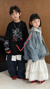 街舞上衣 中大童男女假两件Tee男女生圆领打底衫 2025秋装 波拉童装