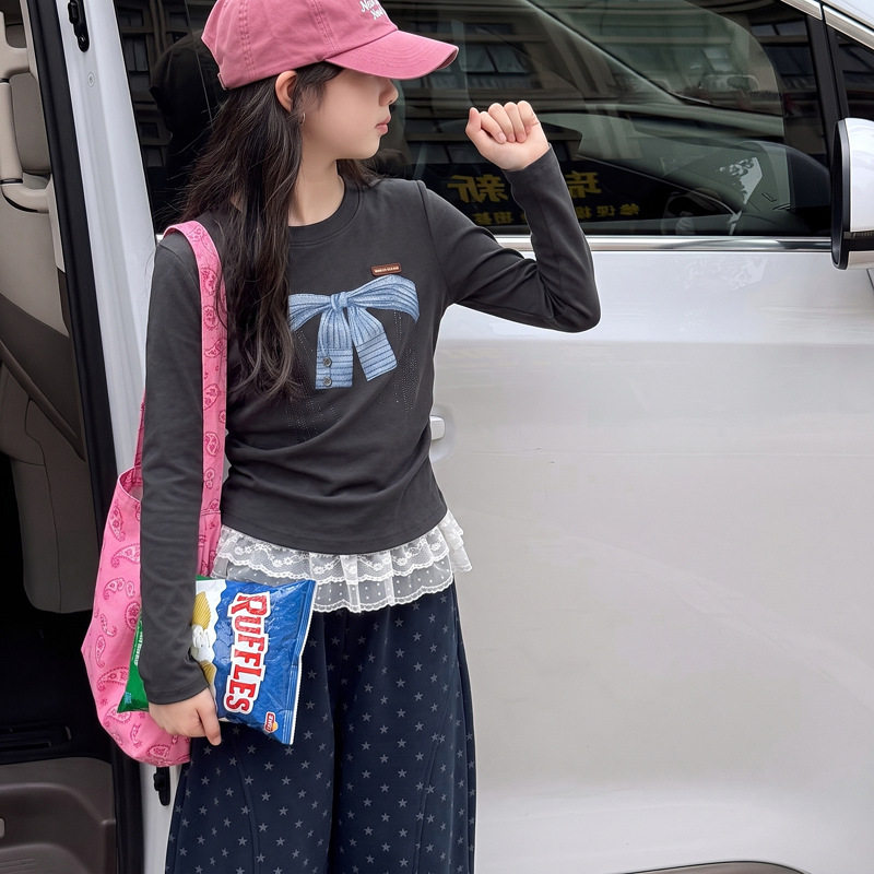波拉童装韩系女童秋装蝴蝶结T恤休闲裤两件套2026秋装大童超好看