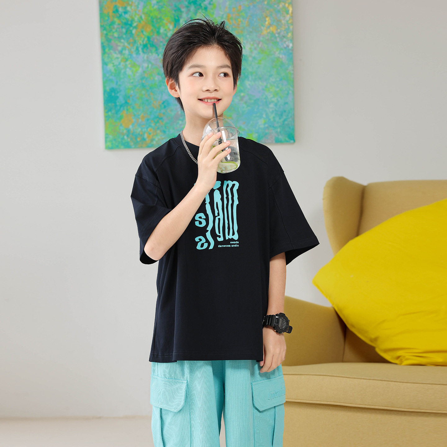 波拉童装男童薄款凉感字母印花T恤2026夏装夏季中大童个性休闲潮t