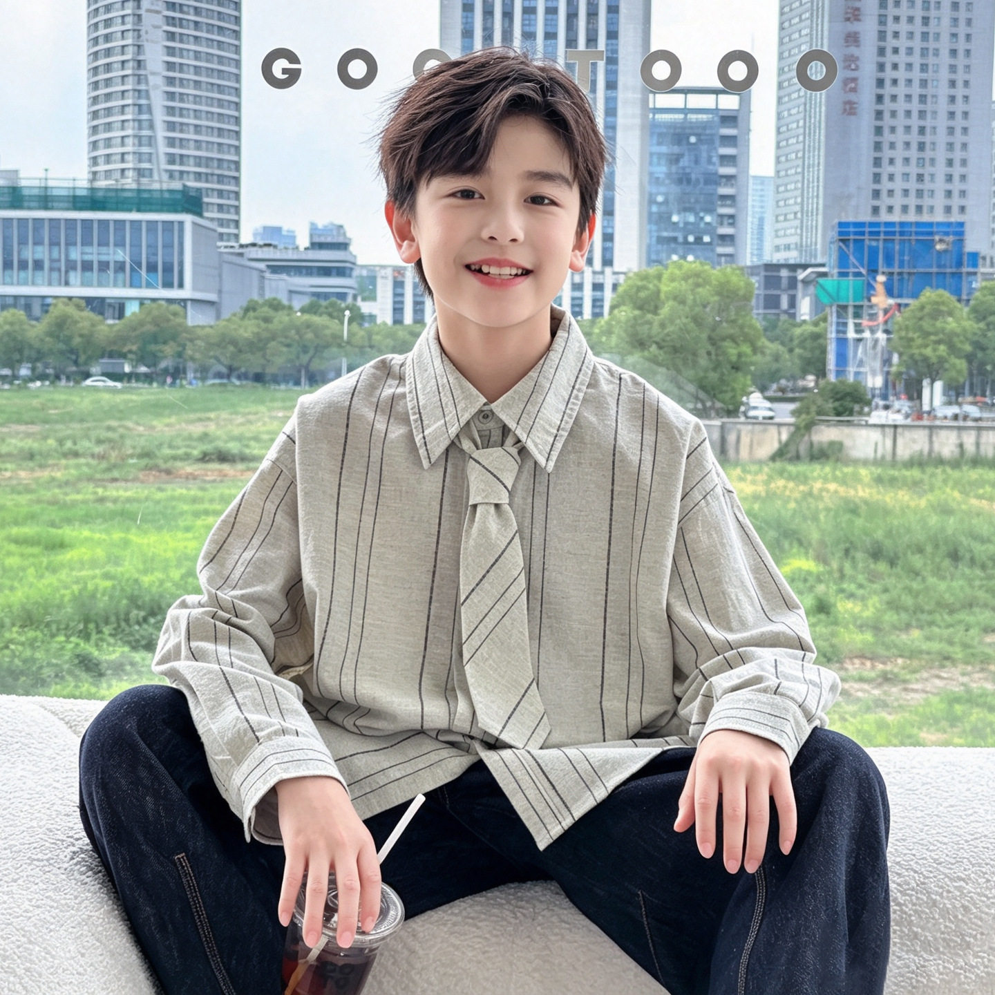 波拉童装男童浅秋纯棉领带衬衫2026秋装秋季中大童气质酷帅衬衣潮