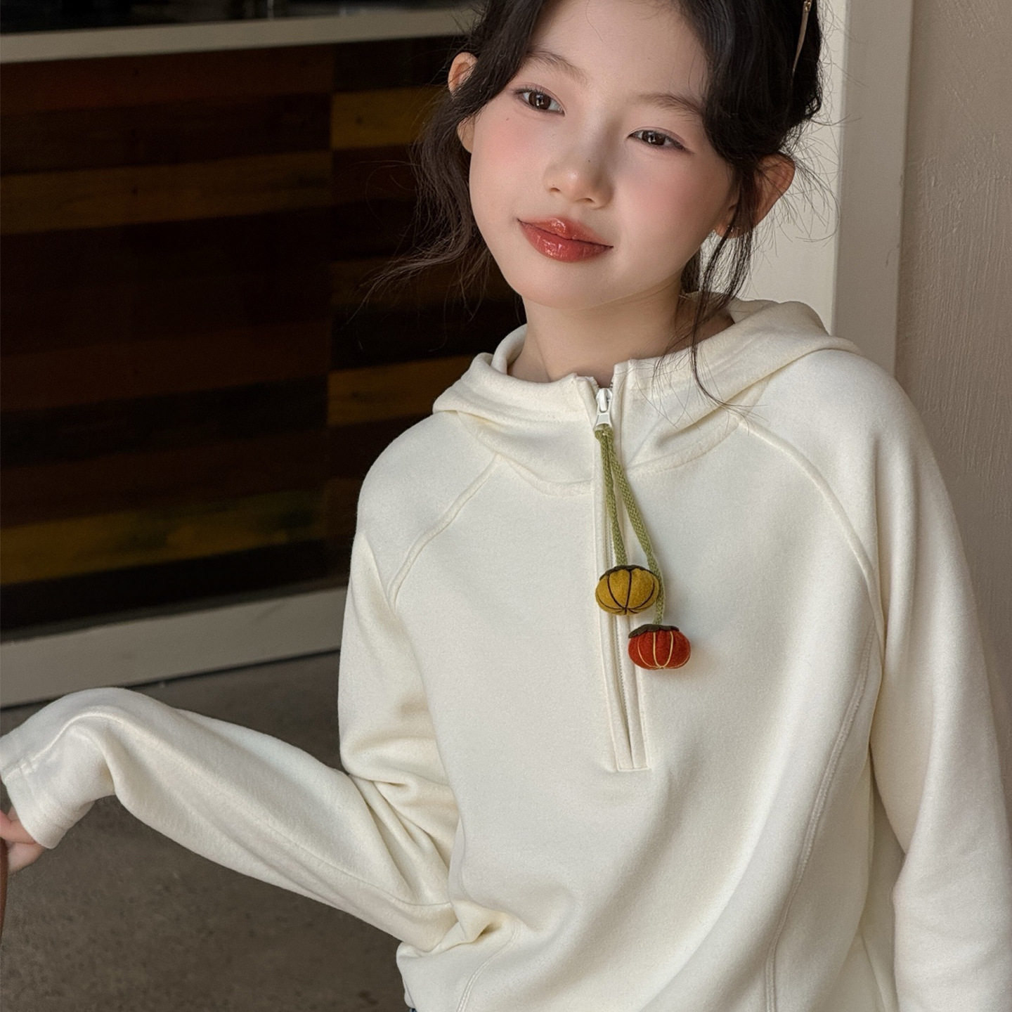 波拉童装女童秋冬装套装韩系女大童双面德绒连帽上衣加绒牛仔裤两