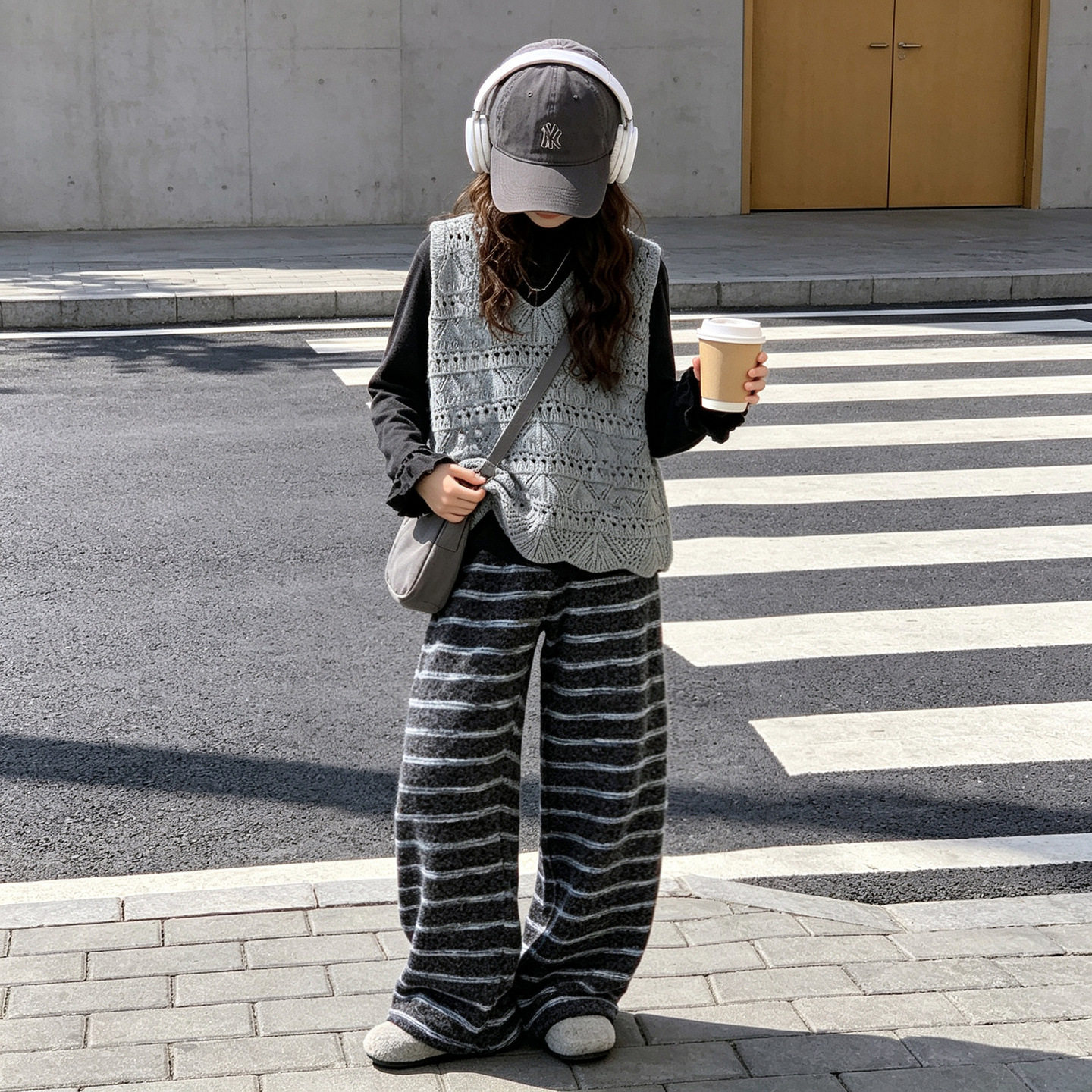 波拉童装女童秋装镂空针织背心女孩韩系叠穿马甲打底条纹阔腿裤三