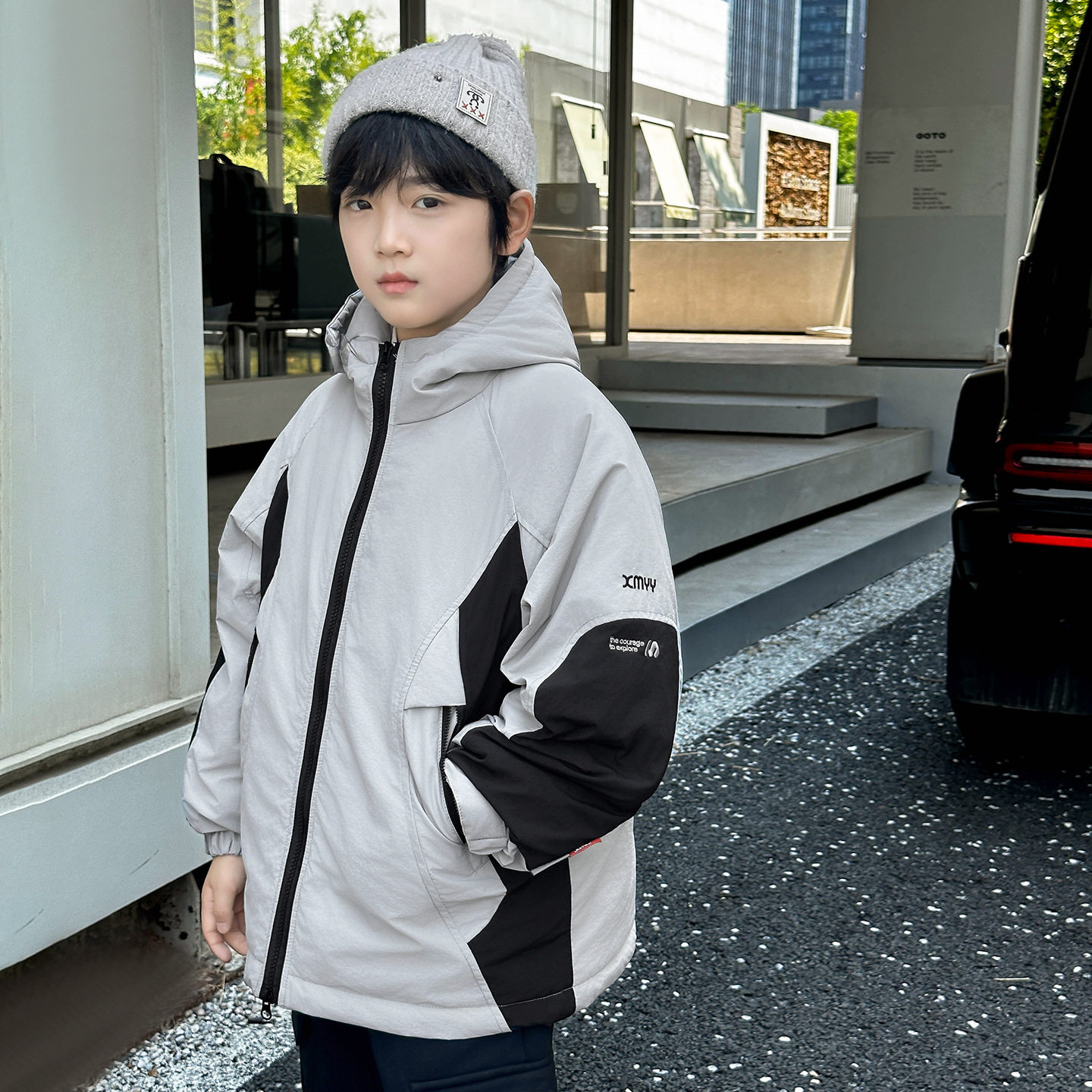 波拉童装2026冬季男童拼色夹棉棉服连帽棉衣儿童冬装户外防水外套