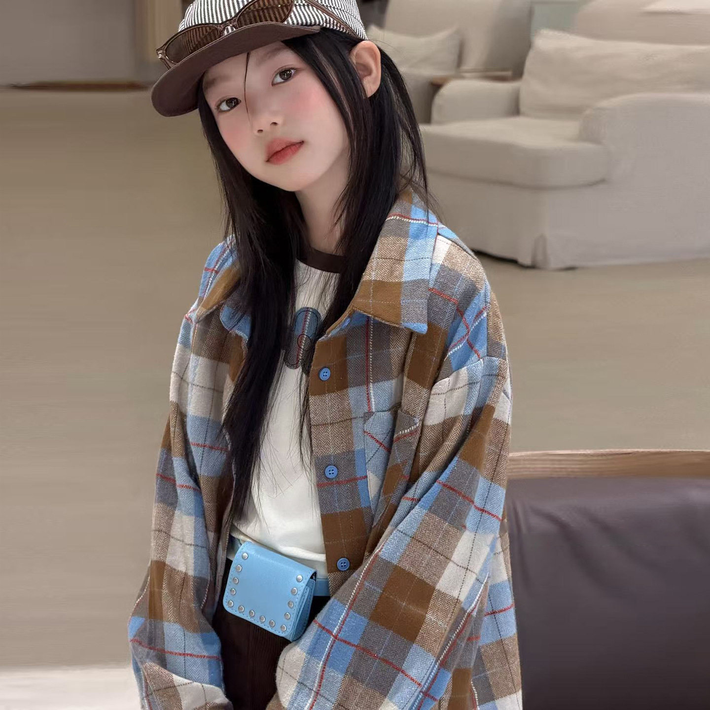 波拉童装女童日系复古格纹衬衫外套2026秋装秋季女大童港味休闲宽