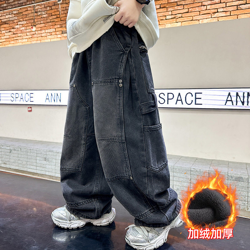 波拉童装男童裤子秋冬款2025中大童直筒男孩加厚儿童一体加绒牛仔