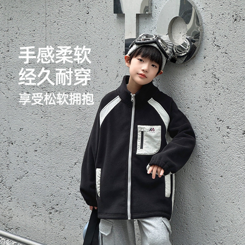波拉童装秋冬 重磅拼色儿童双面摇粒绒外套 男童女童抓绒衣服