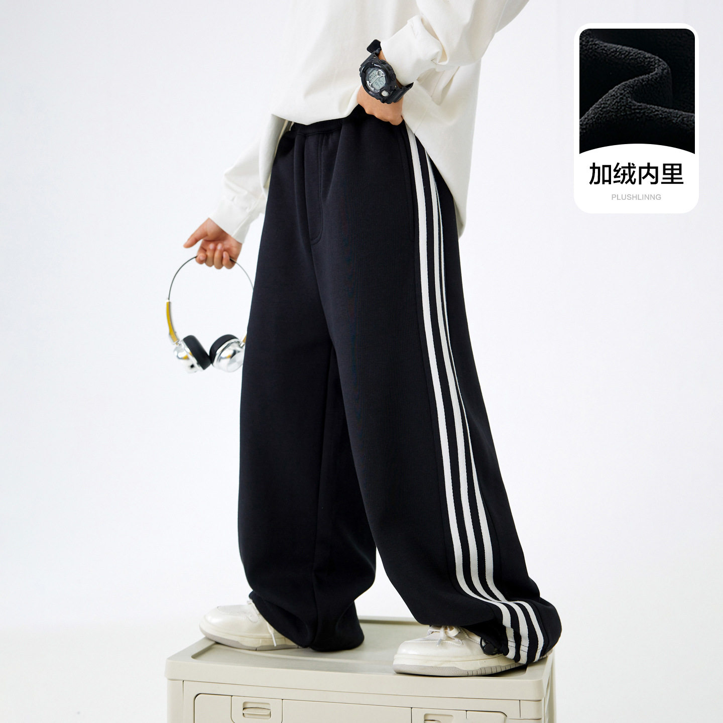 波拉童装男童冬季撞色直筒阔腿加绒加厚运动卫裤2025儿童男孩休闲