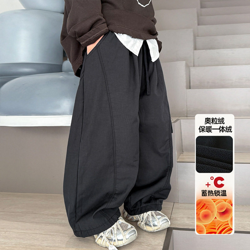 波拉童装男童冬季一体绒时髦工装裤2025新款秋冬款中大儿童休闲阔