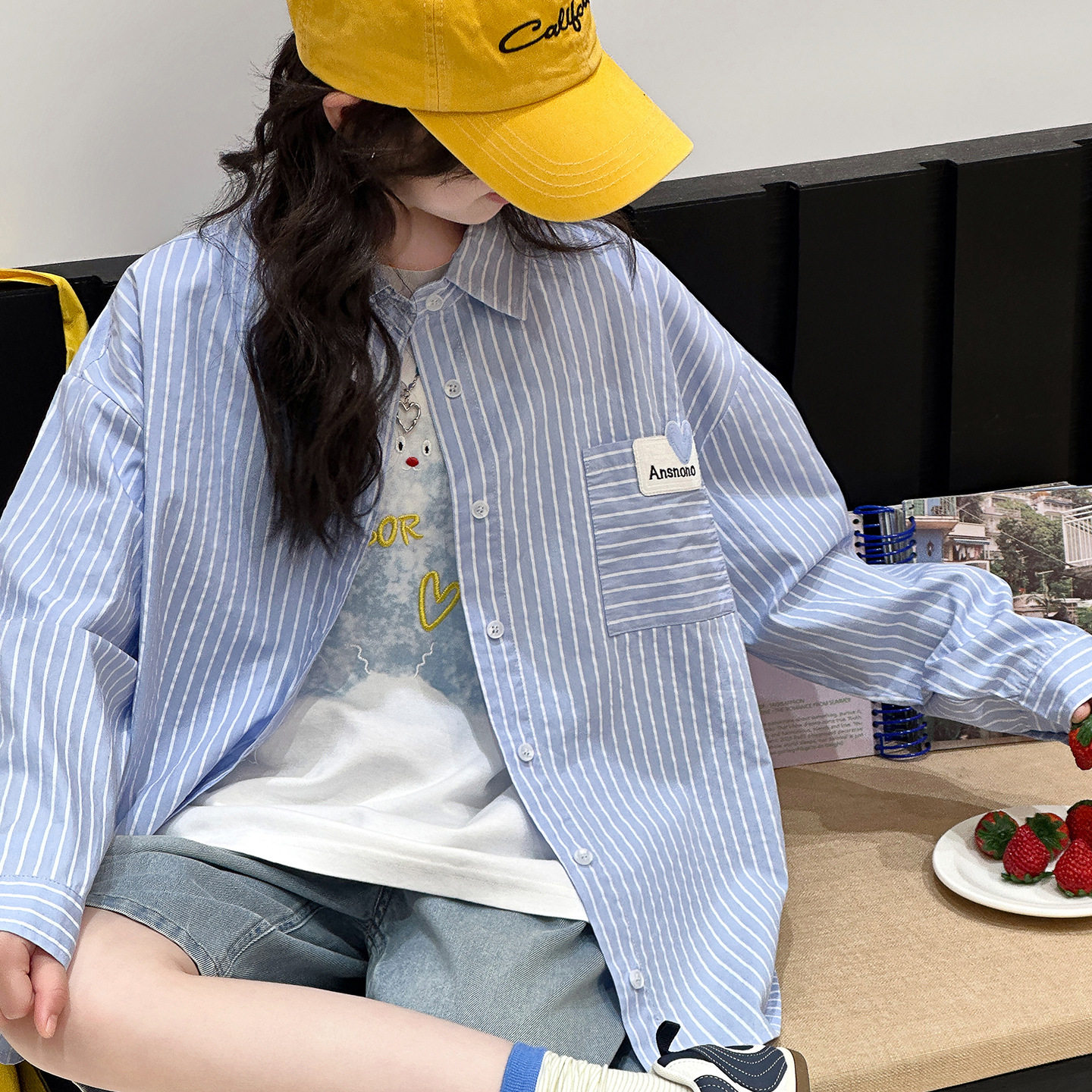 波拉童装女童早秋条纹衬衫外套2026秋装秋季中大童韩系翻领长袖上