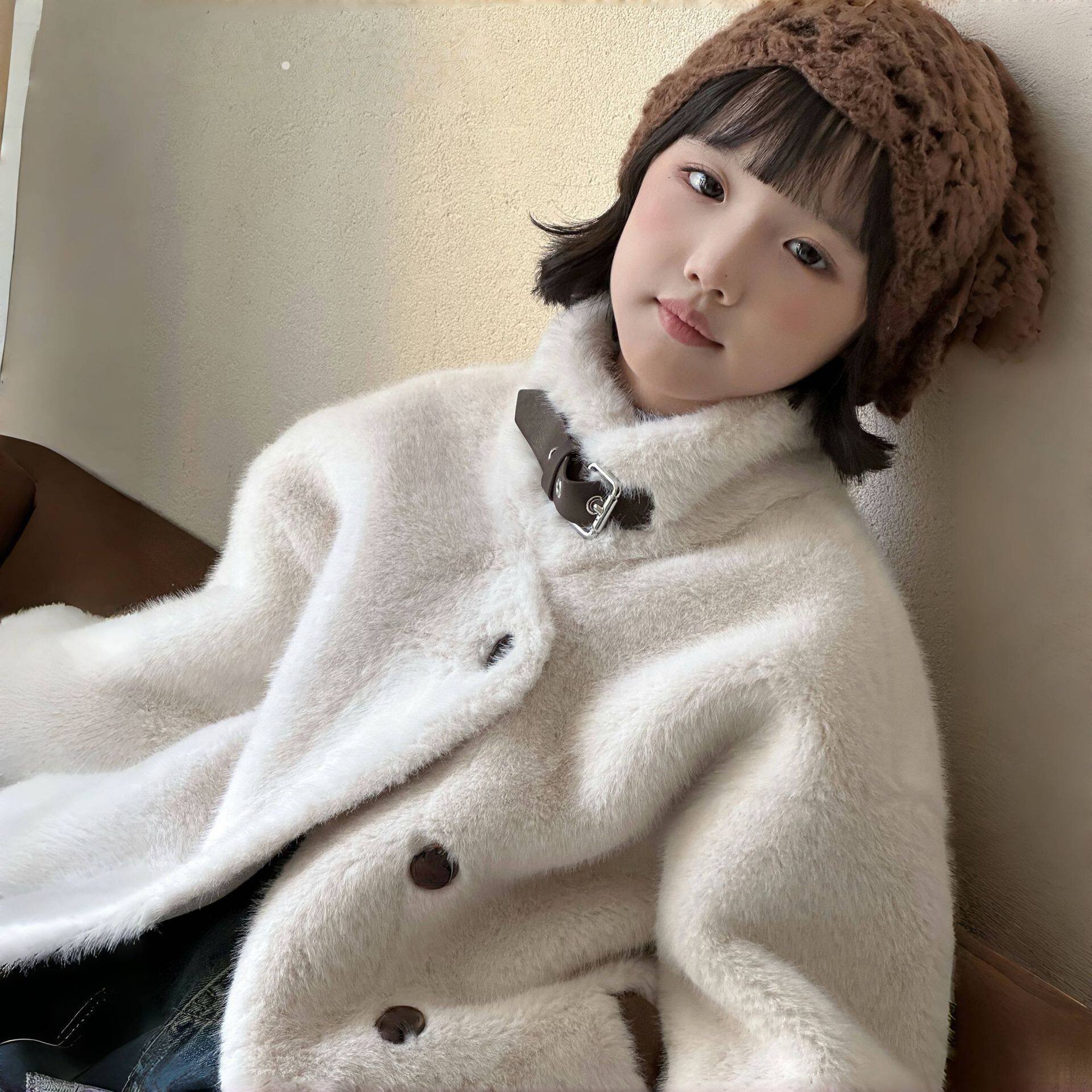 波拉童装2026冬装秋冬男女童加厚皮草冬仿水貂绒中长款外套仿皮毛