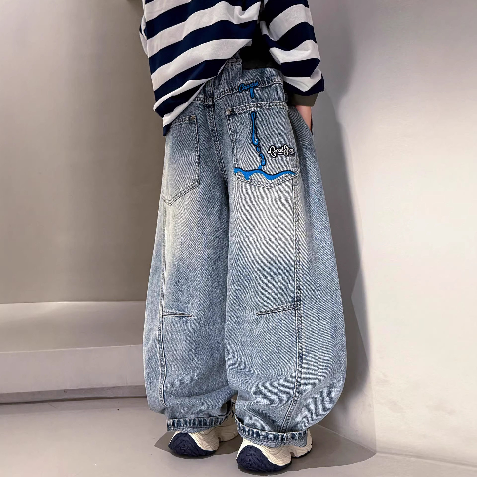 波拉童装男童牛仔裤春秋款2026春装大儿童装痞帅宽松休闲直筒裤子