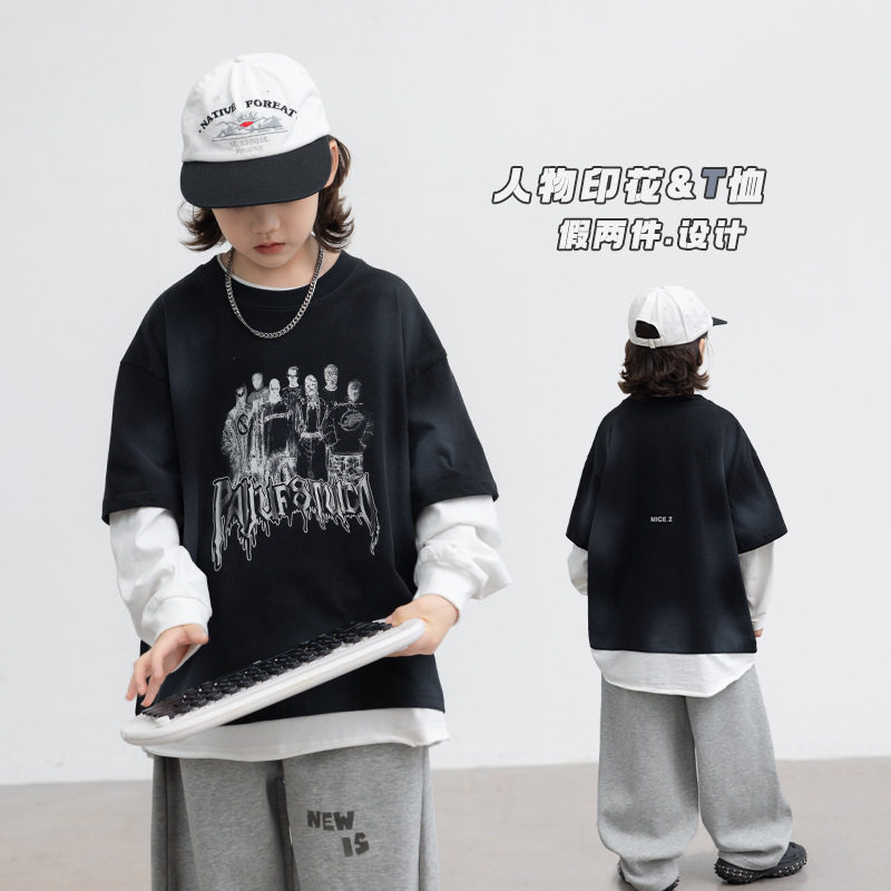 波拉童装男童假两件卫衣春秋款2026春装中大儿童秋季打底衫男孩秋