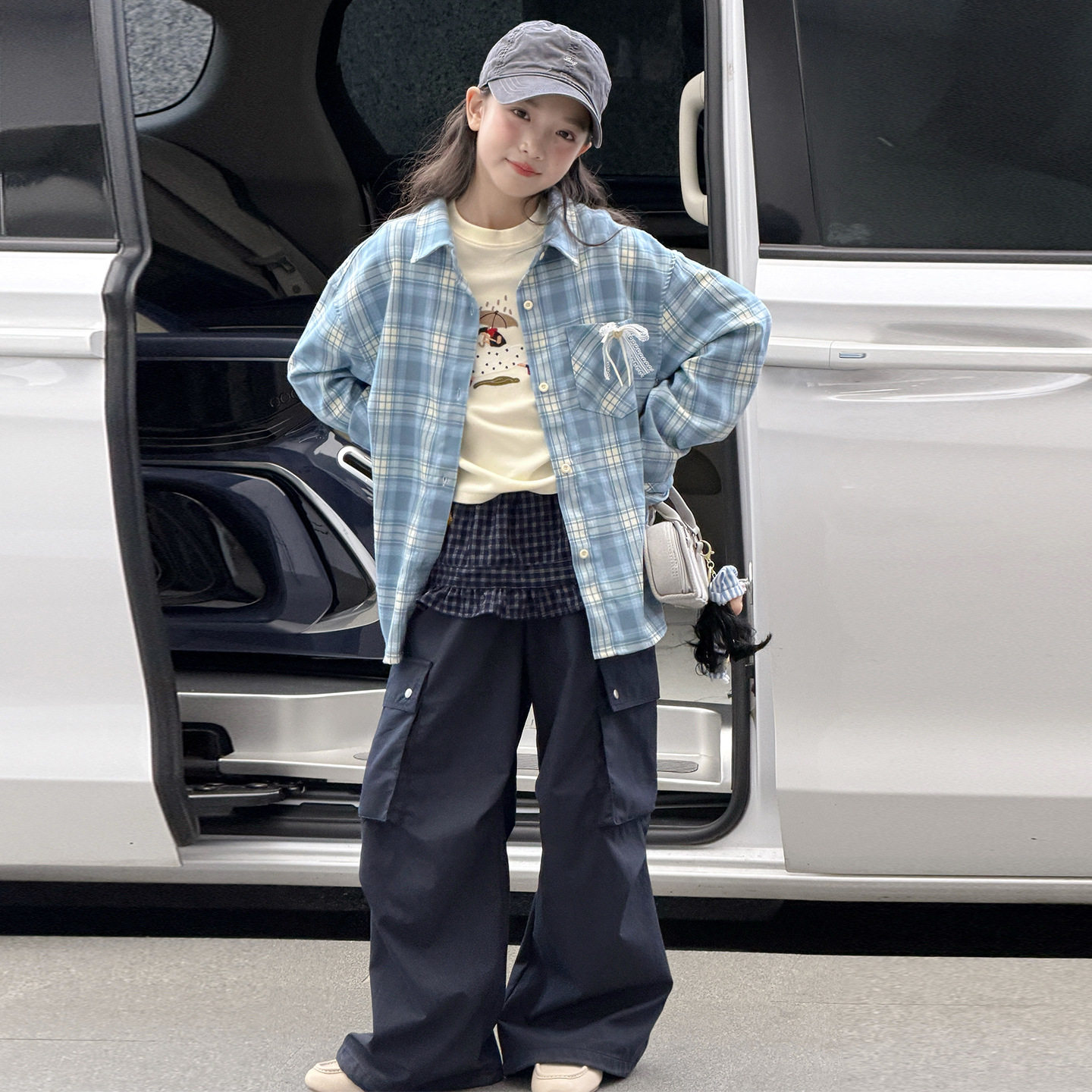波拉童装女童韩系慵懒风格子衬衫2026秋装早秋中大童翻领长袖外套