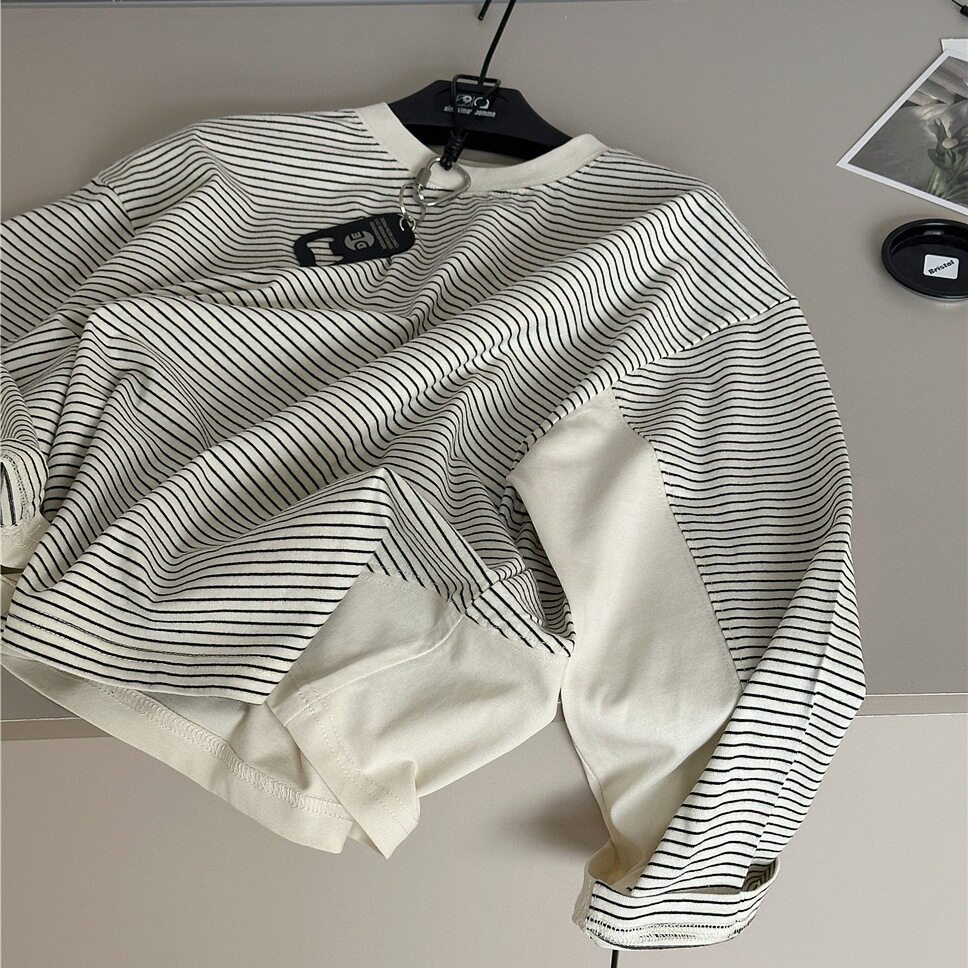 波拉童装2026春装春夏款男童条纹长袖T恤韩版中大童宽松上衣女童
