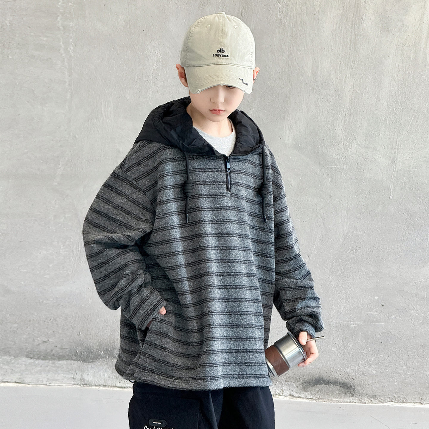 波拉童装男童秋装韩版连帽卫衣2026秋装儿童条纹上衣打底衫春秋季