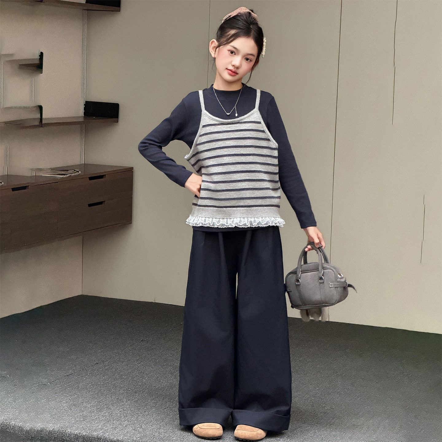 波拉童装女童韩系叠穿毛线马甲三件套2026秋装秋季大童超好看套装