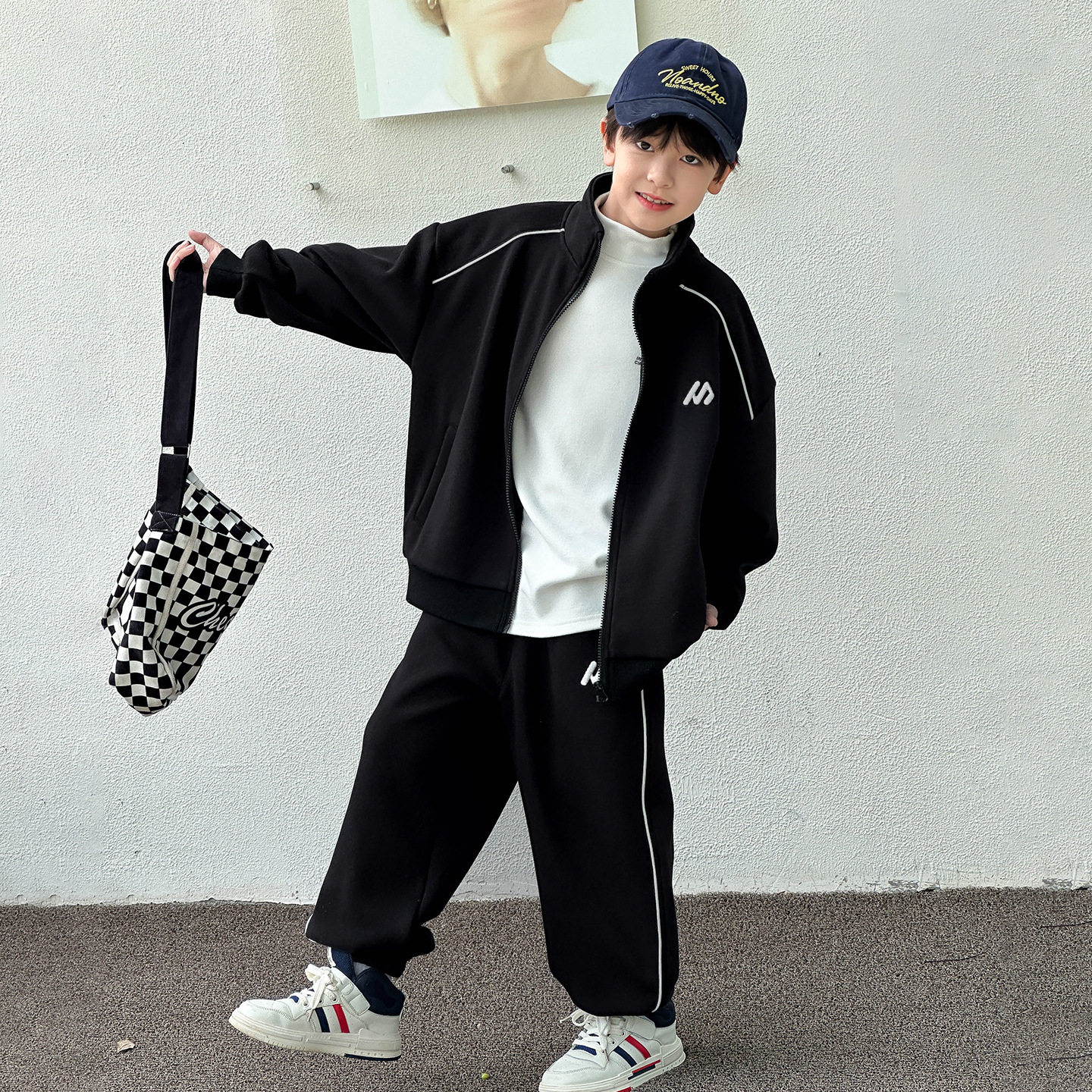 波拉童装2025秋冬新款男童加绒针织套装 儿童卫衣外套裤子两件套