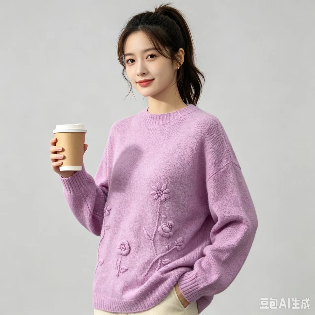 甜美立体花朵圆领山羊绒针织衫女紫色宽松毛衣温柔风上衣