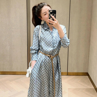 高端18姆米斜纹绸真丝配腰带印花连衣裙长袖收腰a字长裙女早秋款