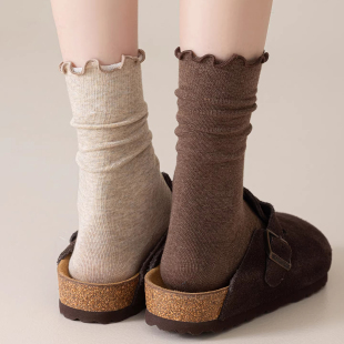 袜子女纯棉春秋款 中筒袜无骨堆堆袜夏天复古纯色长袜百搭抗菌防臭