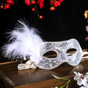 超仙白色面纱面具半脸女古风羽毛舞台带钻面具敦煌旅拍服装配饰汉