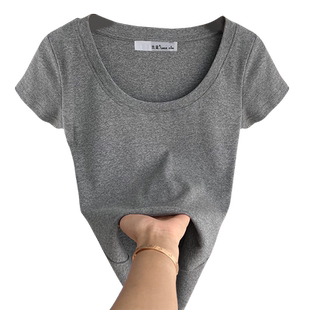 灰色短袖棉t恤女夏大领口修身正肩内搭设计感u领红色复古上衣体恤