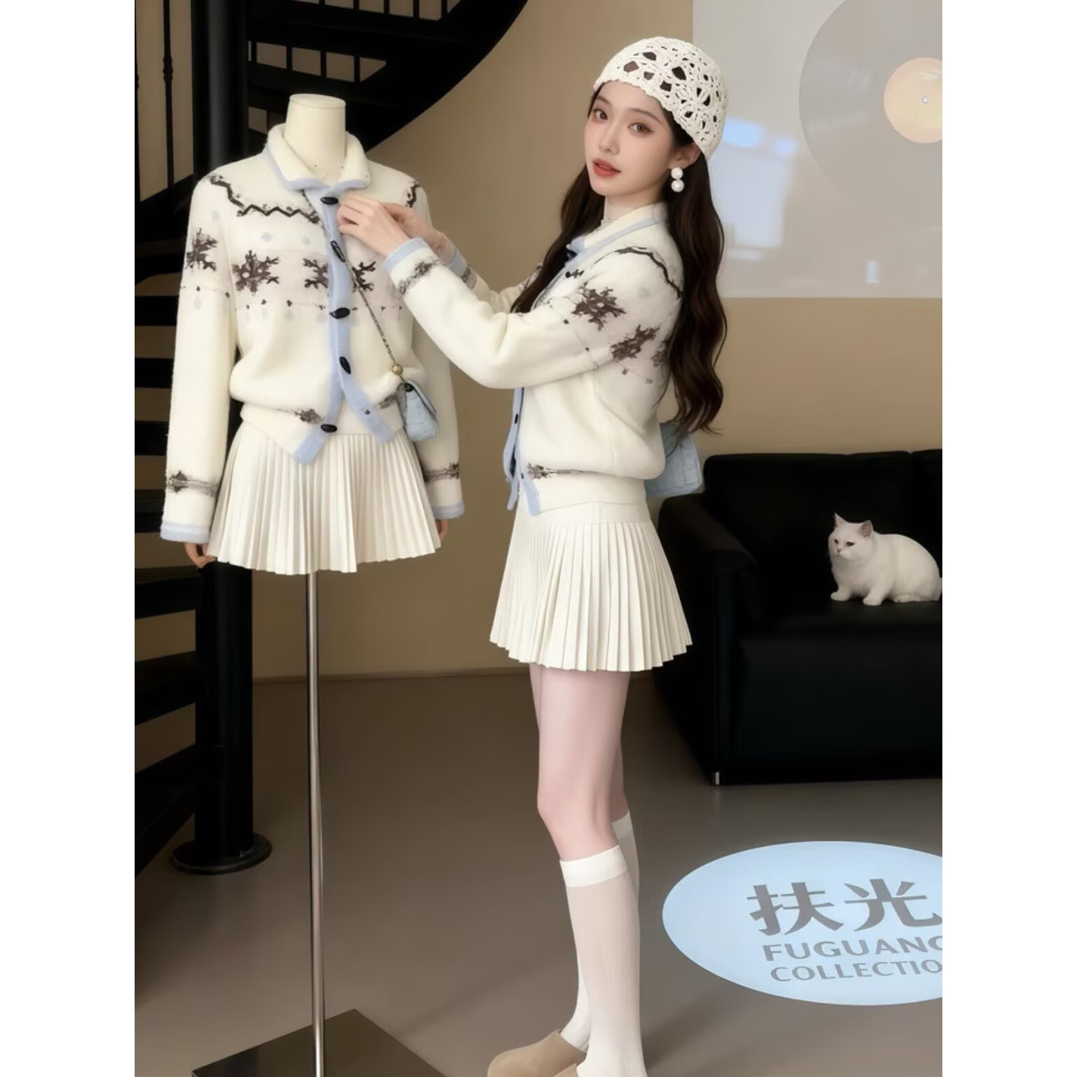 费尔岛翻领毛衣外套女装2025秋冬新款气质针织衫上衣半身裙两件套