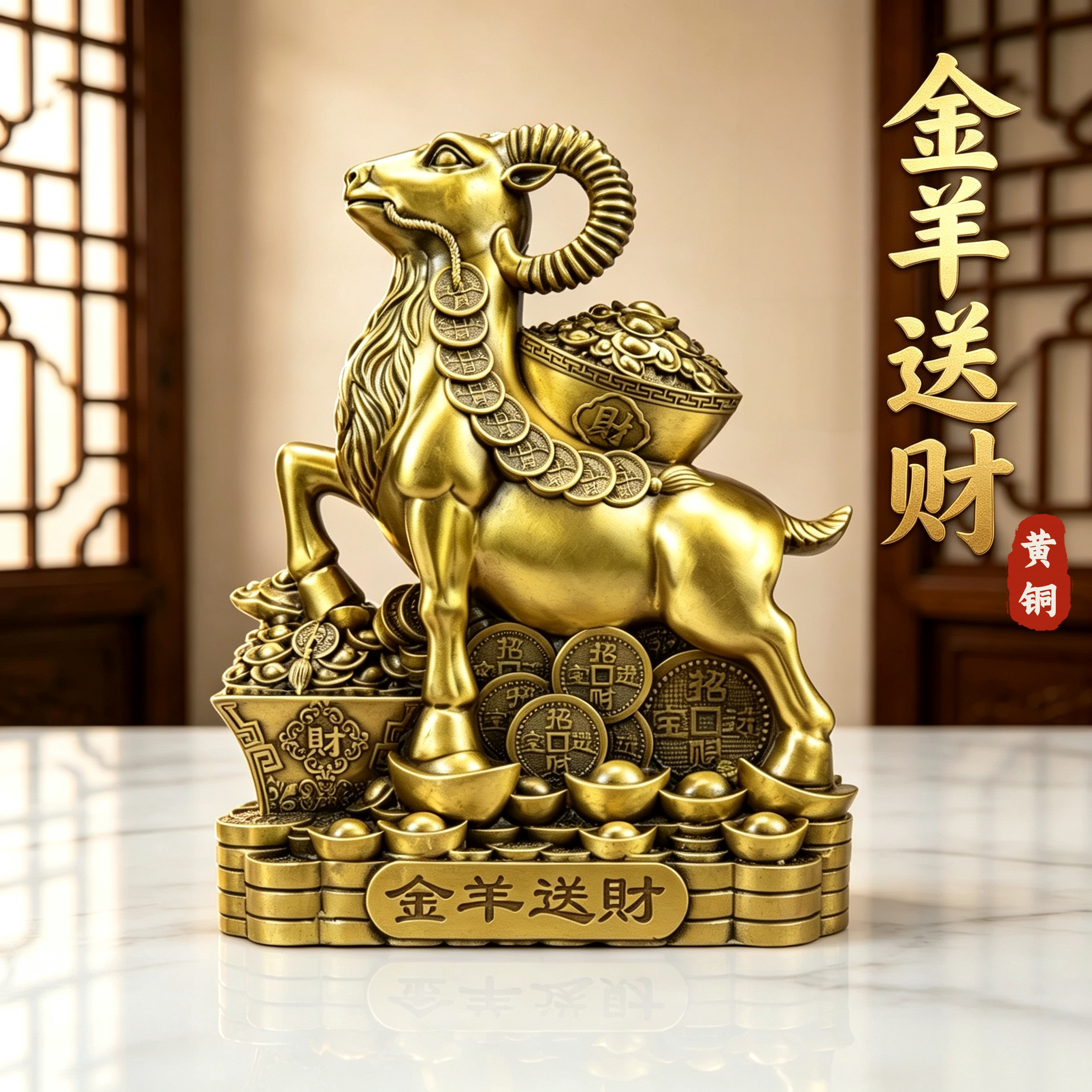 黄铜金羊送财聚宝盆摆件