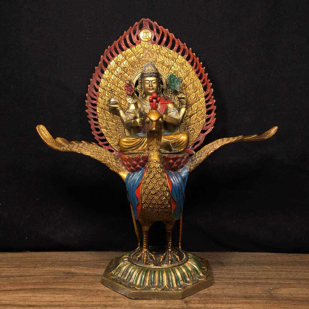 古董文玩纯铜彩绘孔雀明王佛佛像复古摆件居家寺庙供奉铜佛密宗像