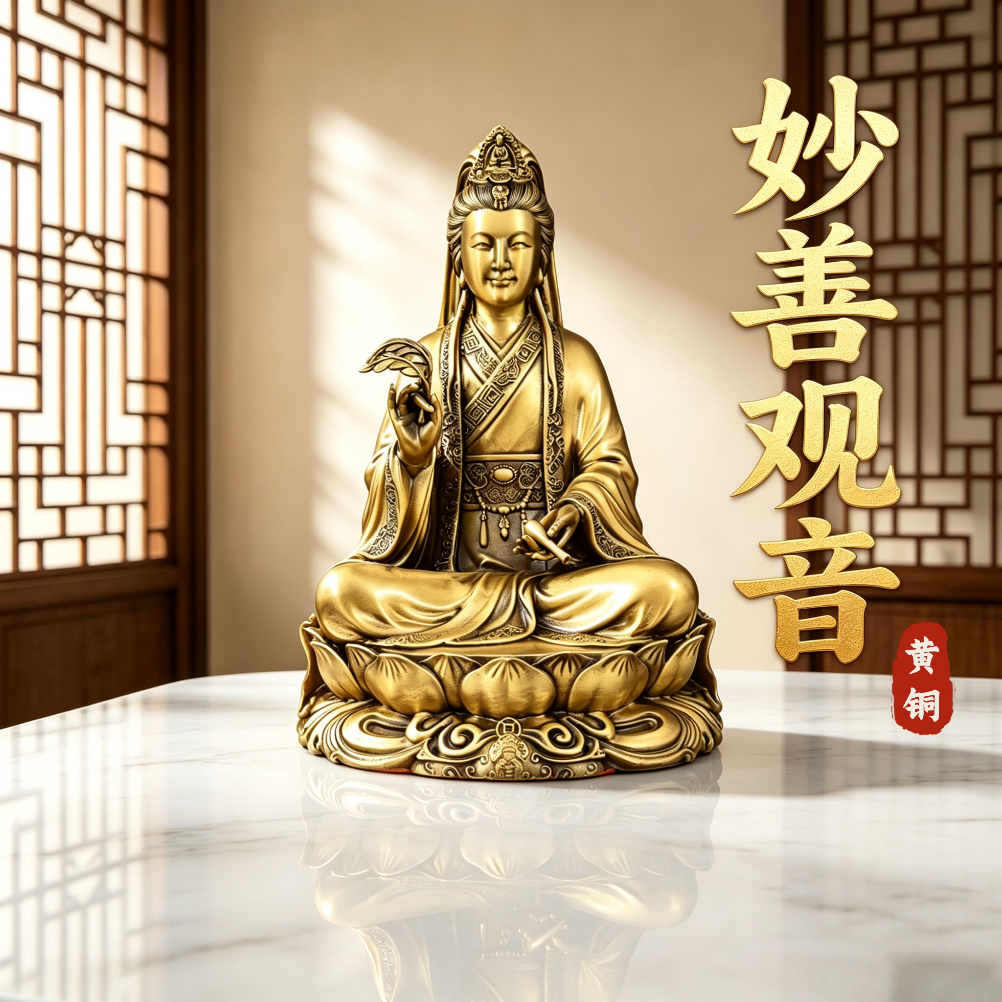 黄铜妙善观音菩萨摆件坐莲观世音佛像供奉摆件客厅办公室桌面摆件