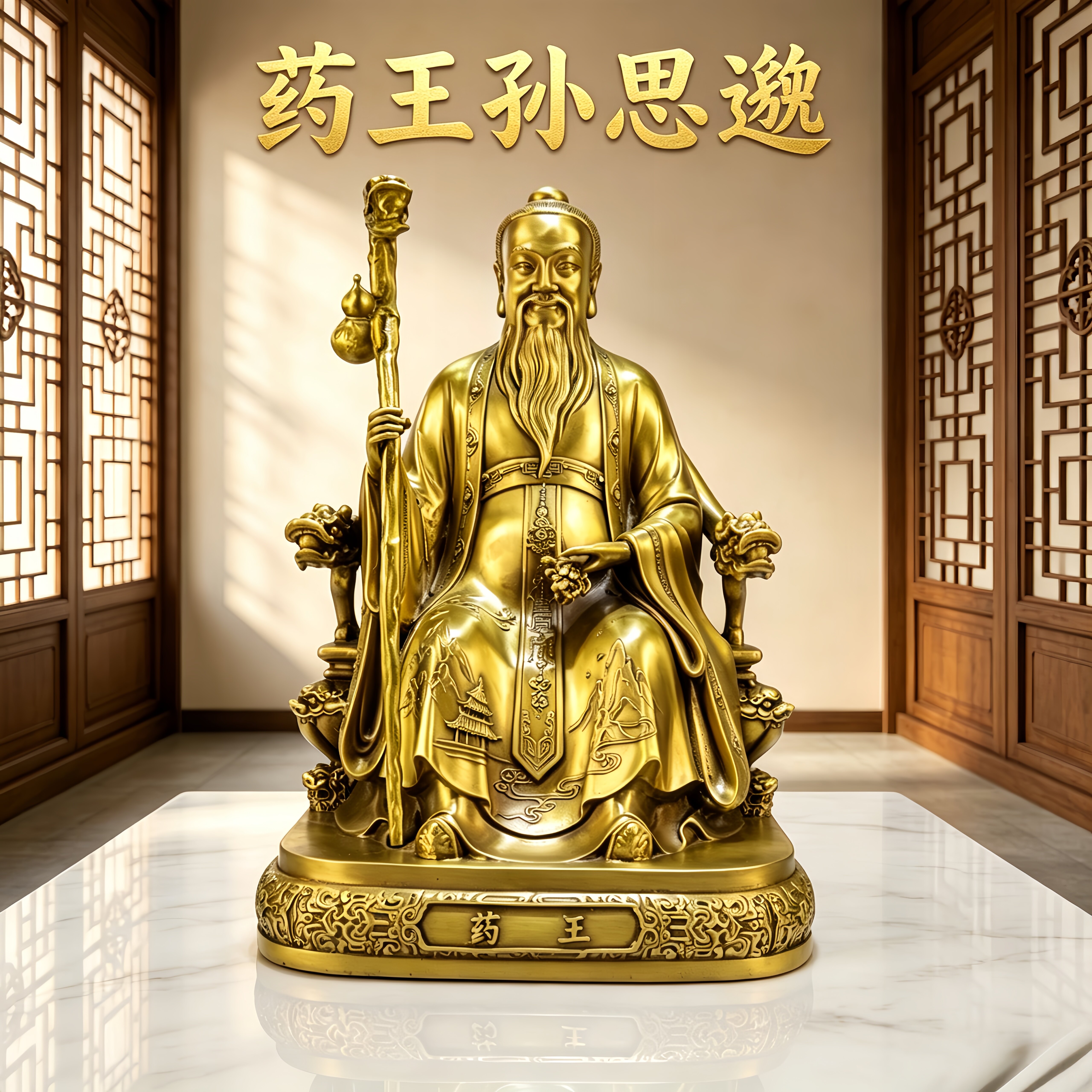 纯铜药王孙思邈坐龙椅供奉摆件