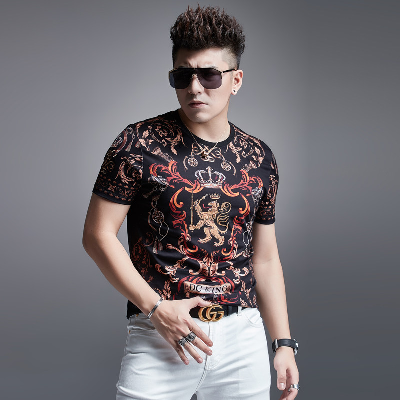 夏天薄款欧货复古宫廷印花双丝光短袖T恤男士 潮牌时尚烫钻半袖T