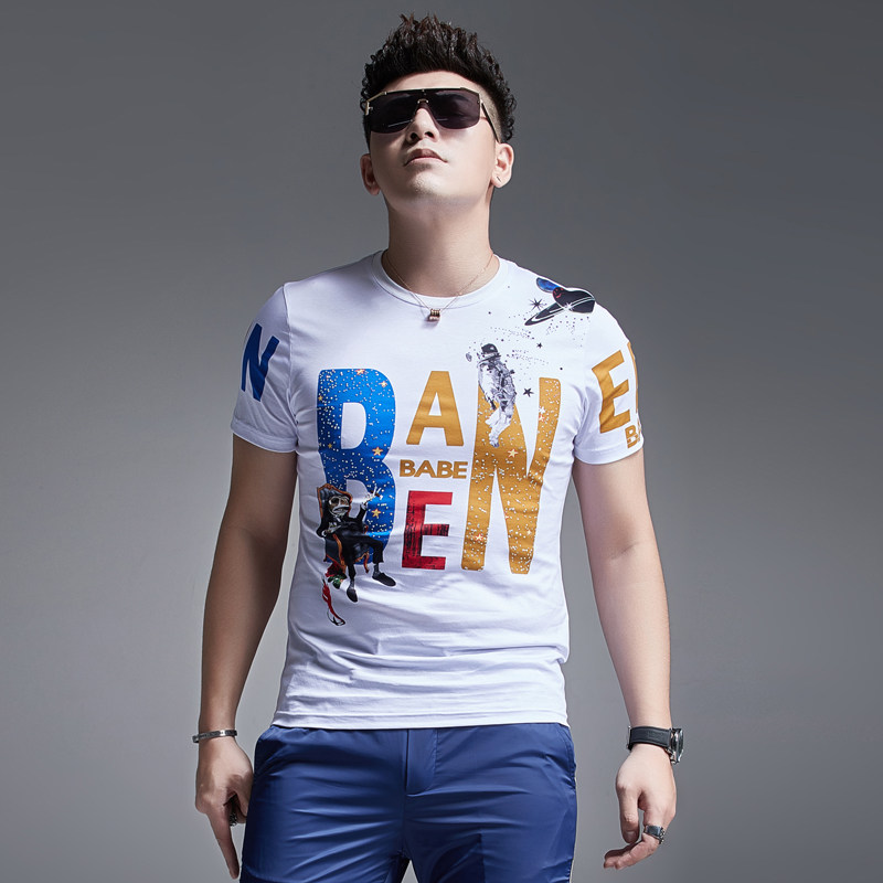 太空人 夏季欧货潮牌彩色字母印花短袖T恤男士 薄款舒适白色半袖T
