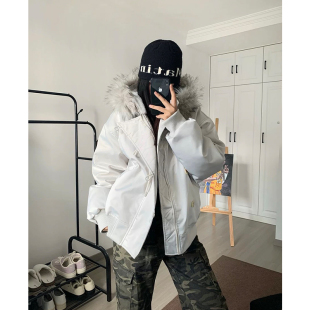 加厚連帽工裝 棉衣高級感情侶棉襖外套 復古毛領派克棉服男冬季 美式