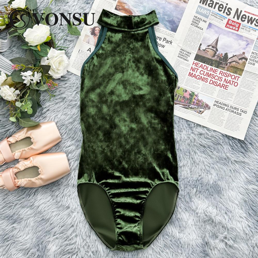 梵舒新款丝绒芭蕾舞练功服无袖挂脖连体形体服舞蹈体操专业款