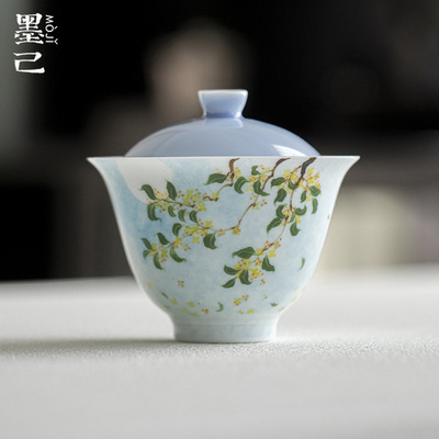 墨己晴山蓝手绘仿烫玉泥盖碗