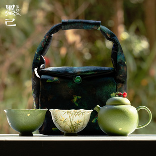 墨己户外旅行茶具便携包收纳手绘竹子一壶两杯茶具套装出差旅游装