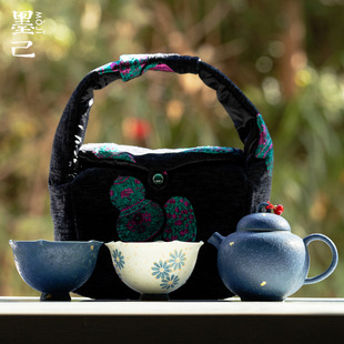 墨己户外旅行茶具便携包收纳手绘雏菊一壶两杯茶具套装出差旅游装