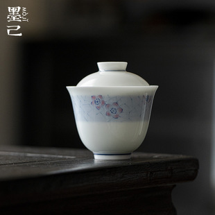 墨己玉泥手绘冰梅纹盖碗功夫茶具文人器家用陶瓷泡茶碗小容量90cc