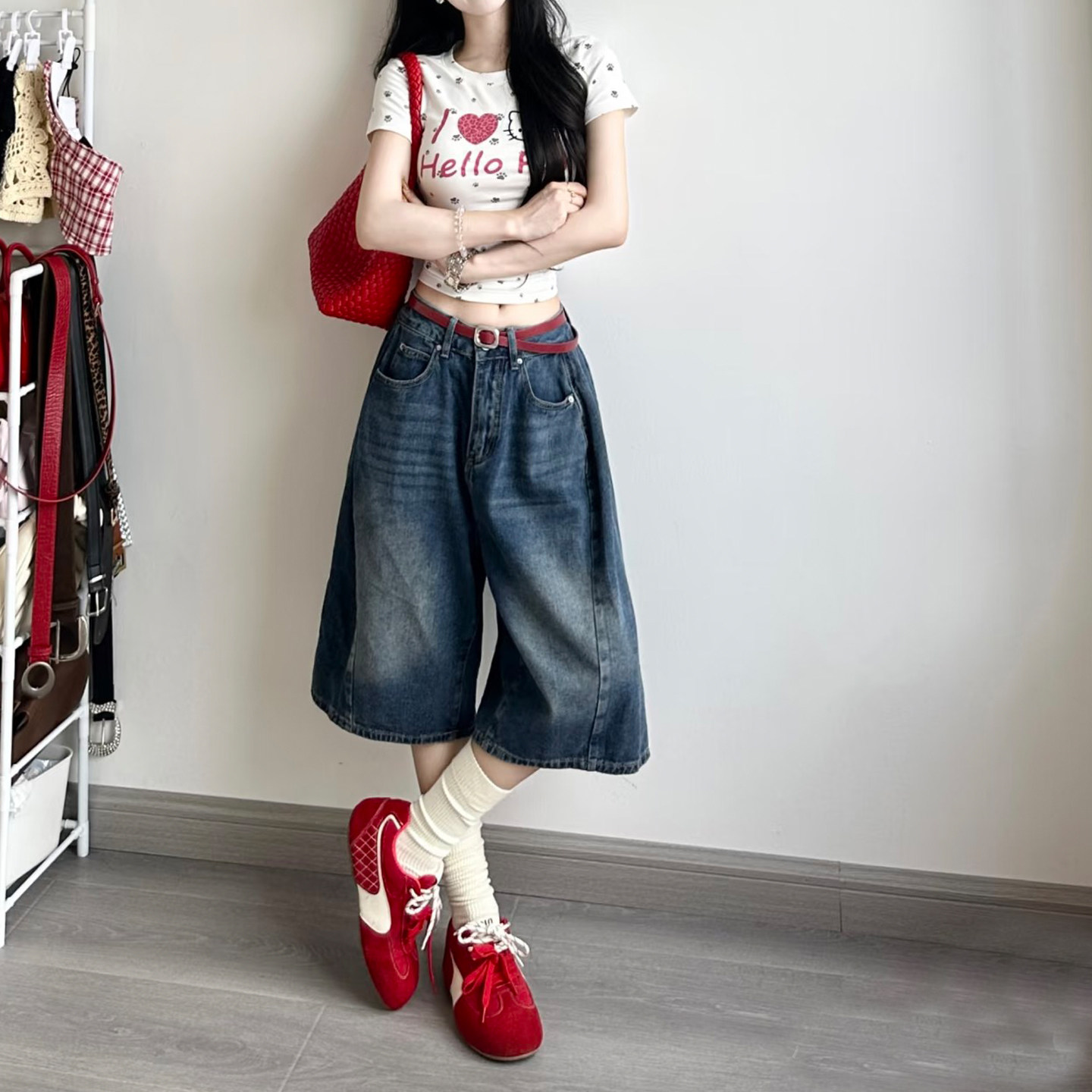 美式复古七分牛仔裤女2026夏季新款高腰显瘦宽松短裤阔腿直筒中裤