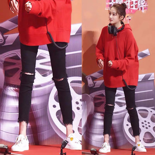 明星同款破洞牛仔裤女2024新款韩版高腰紧身显瘦黑色乞丐烂九分裤