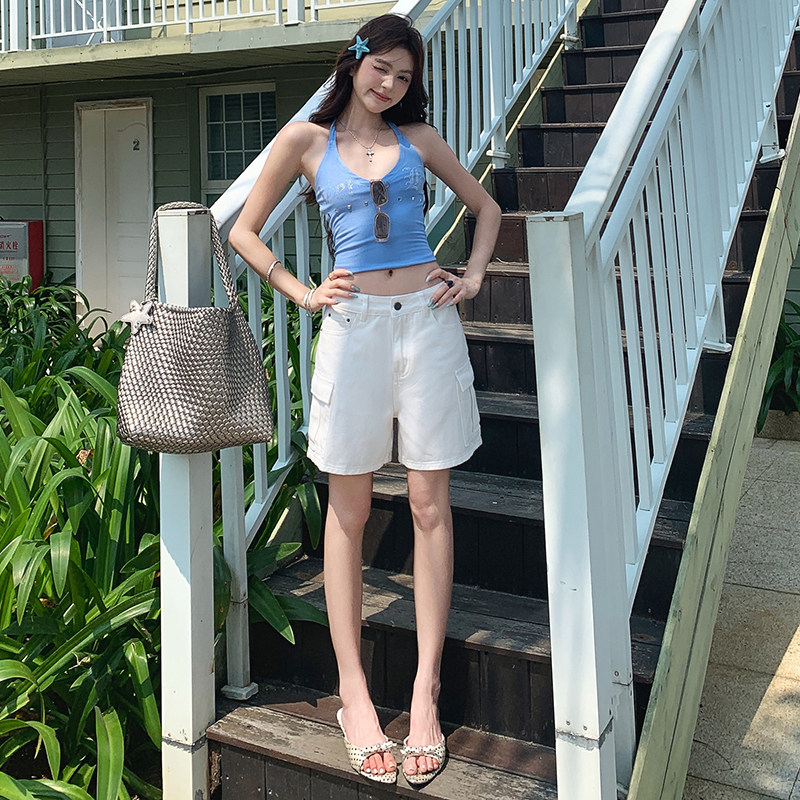 美式白色工装牛仔短裤女夏2026新款宽松高腰显瘦纯棉休闲四分短裤